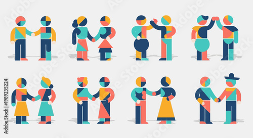 Set of Flat Geometric People Icons Shaking Hands and Interacting