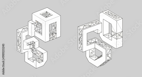 Abstract Geometric 3D Architectural Structures Wireframe Isometric Illustration