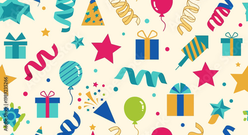 Seamless Birthday Party Pattern with Colorful Gifts Balloons and Confetti