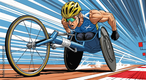 Dynamic wheelchair racing vector illustration, professional para athlete in motion on track, comic book style sports action scene with speed lines
