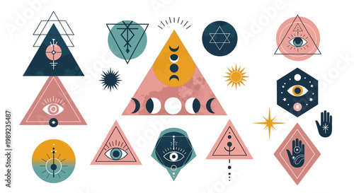 Esoteric Mystic Symbols Set with Moon Phases and Sacred Geometry