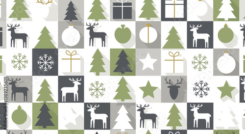 Christmas Holiday Seamless Pattern with Reindeer Trees and Ornaments