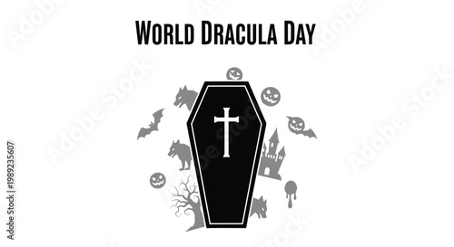 Festive world dracula day vector graphic illustration featuring a black coffin and various spooky halloween icons
