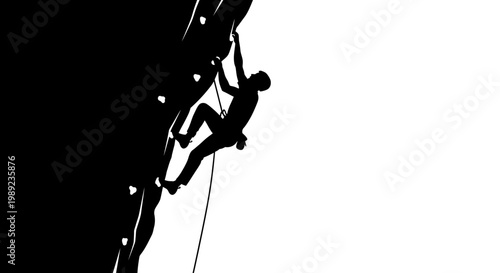 Silhouette of man rock climbing wall.
