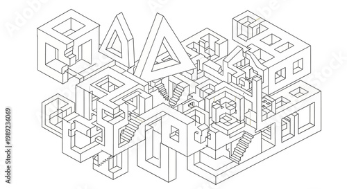 Complex Isometric Impossible Geometry Structure with Stairs and Geometric Shapes