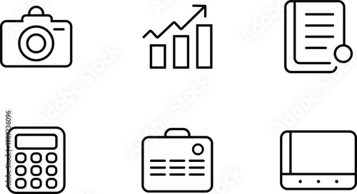 A collection of six business and technology icons including a camera graph document calculator briefcase and tablet isolated on transparent background