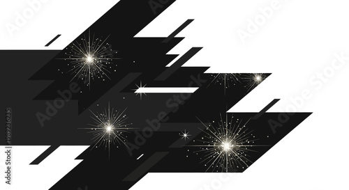 Abstract Geometric Black Shapes with Glowing Starry Sparkles on White Background