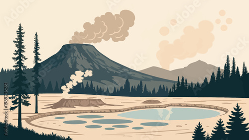 A vector graphic illustration of a volcanic landscape with a mountain silhouette
