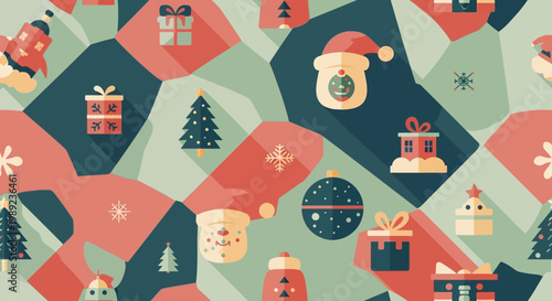 Seamless Christmas Pattern with Festive Icons and Geometric Shapes