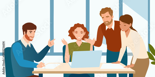 Team of professionals collaborating around a laptop in a modern office
