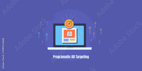Precise audience targeting with programmatic advertising campaign, upward trending arrows.