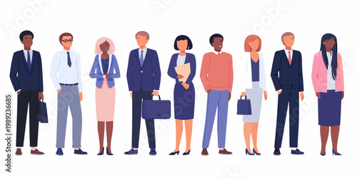 Diverse group of business professionals standing in a neat organized row