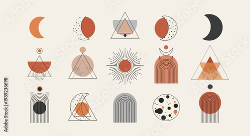 Boho Celestial Geometric Symbols Set with Moon Sun and Abstract Shapes