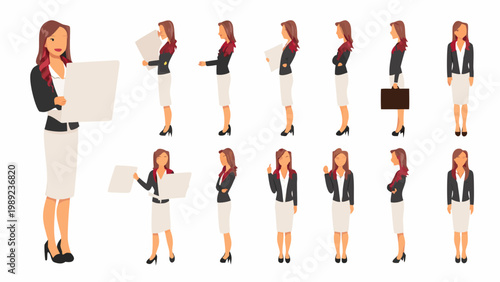 Isometric illustrations of a businesswoman in various poses and perspectives