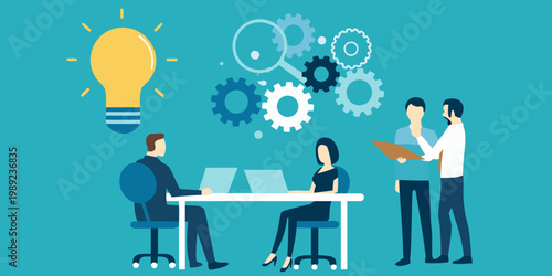 Team collaboration generates innovative ideas with technology and bright concepts