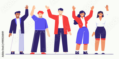 Diverse group of people raising their hands in a celebratory gesture