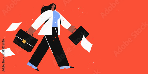 A businesswoman strides forward papers fluttering around her in motion