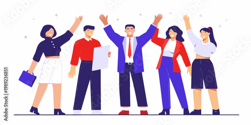 A diverse group of people celebrating success with arms raised high