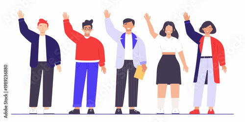 Diverse group of people raising hands in a cheerful unified stance