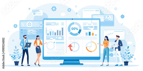 Team analyzing data and insights on a large computer screen