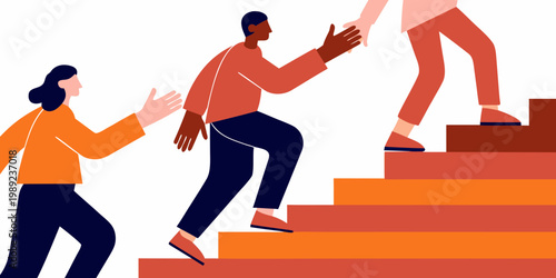 People assisting each other up a set of orange and red stairs