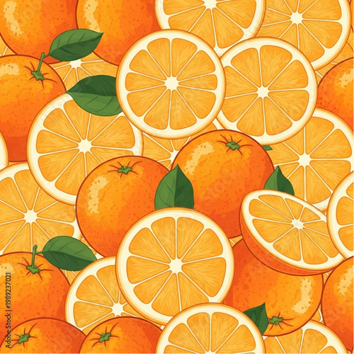 Oranges and Orange Slices with Leaves.