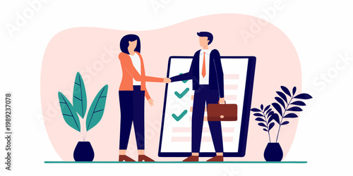 Business professionals shake hands in front of a smartphone display