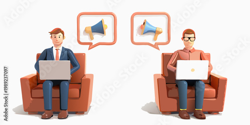 Two cartoon businessmen communicate via speech bubbles and laptops