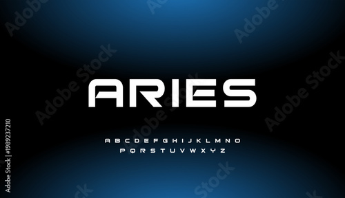 Futuristic font alphabet letters. Aries Future logo typography. Cropped letters set for science technology, space research logo type, hud text, headline, scifi cover.