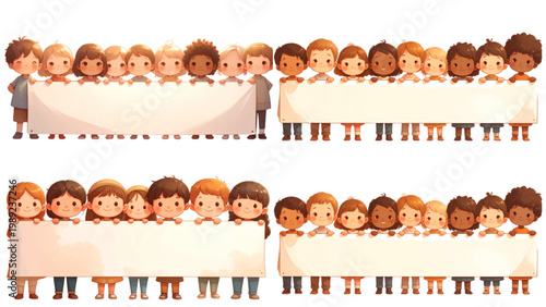 Set of Flat Vector Illustrations of Children Standing Together Holding Blank Banner for Back to School, Education Concept Featuring Students with Empty Copy Space and Learning Theme for Marketing