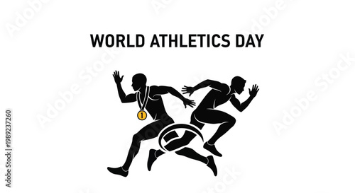 Dynamic vector graphic illustration showing two silhouette sprinters racing for world athletics day medal glory