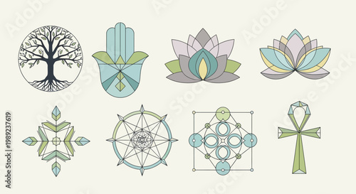 Set of Sacred Geometry Symbols and Spiritual Icons in Pastel Colors