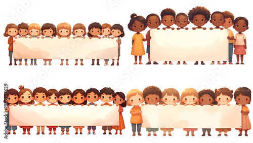 Set of Flat Vector Illustrations of School Kids Standing Together Holding Blank Banner, Back to School Concept Featuring Students with Empty Copy Space for Promotion, Marketing and Academic Campaign