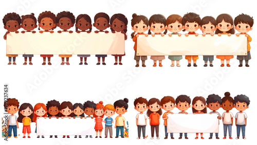 Set of Flat Vector Illustration Collection Featuring Back to School Children Holding Blank Banner Together, Education Concept Showing Kids with Empty Sign Space, Learning Theme and School Campaign