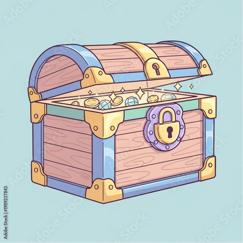 Treasure Chest with Gold Coins and Lock.