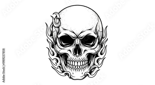 Gritty monochrome skull illustration engulfed in dynamic flames, featuring a subtle mechanical element, conveying a powerful and edgy aesthetic