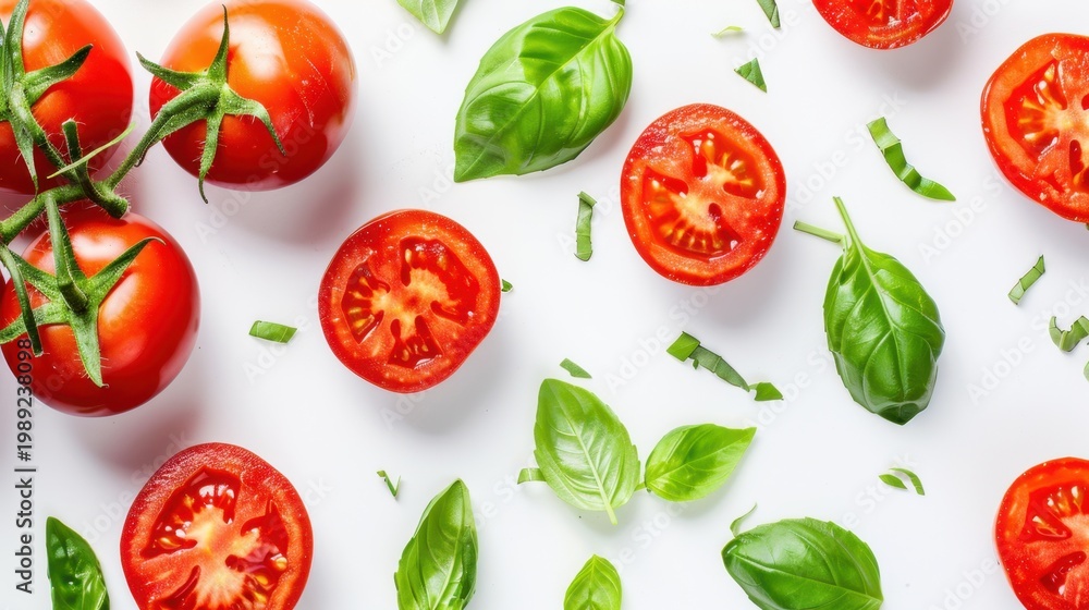 Naklejka premium Fresh Red Tomatoes and Basil Leaves Spread on White Surface for Culinary and Food Presentation