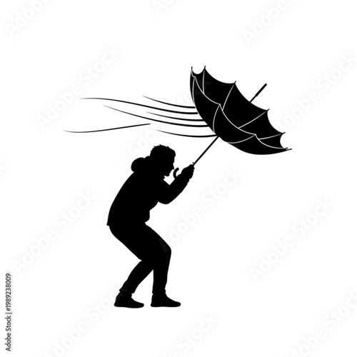 Man Struggling to Hold Torn Umbrella.