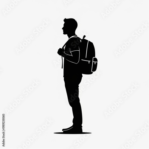 Man with Backpack Standing Silhouette Profile.