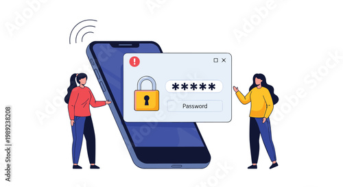Mobile data security and password protection concept showing two people next to a smartphone with a locked screen popup and login field.