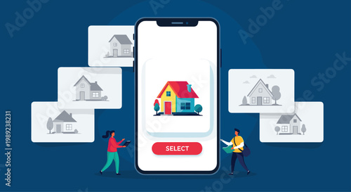 Mobile real estate search app concept showing various house listings around a smartphone with people looking to select a new home.