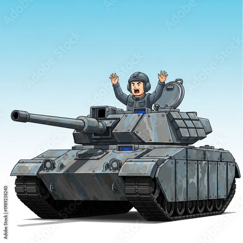 Pixel Art Tank with Soldier Celebrating Victory.