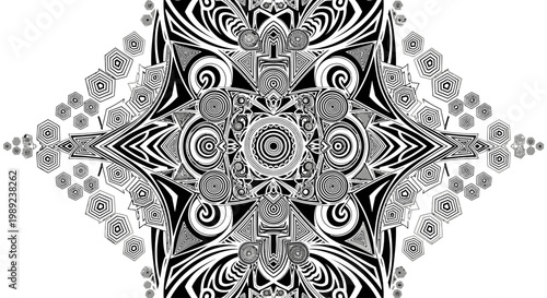 Intricate black and white abstract symmetrical mandala pattern, geometric and floral design elements