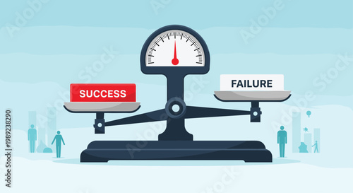 Conceptual business scale weighing success and failure blocks on a blue background with a city skyline and tiny people silhouettes.