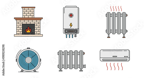 Set of household heating and cooling appliance icons including a fireplace, boiler, radiator, fan, and air conditioner unit.