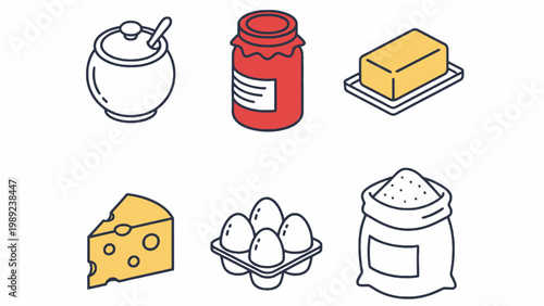 Isometric baking ingredients icon set with flour eggs and cheese