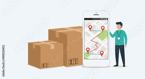 Logistics and package delivery tracking concept showing a delivery man next to a smartphone displaying a route map with cardboard boxes.