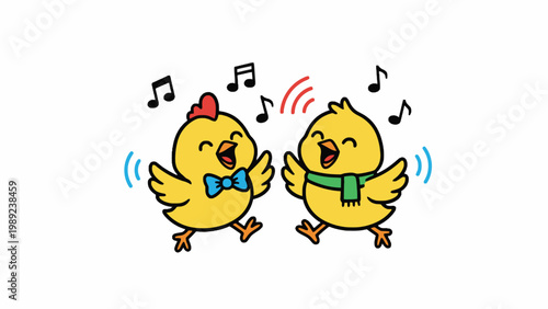 Singing Yellow Cartoon Chicks with Musical Notes Illustration
