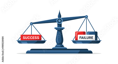 Conceptual balance scale illustration comparing success and failure options with a needle pointing to the center on a white background.