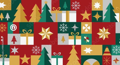 Christmas Holiday Pattern with Geometric Trees Stars and Gift Boxes